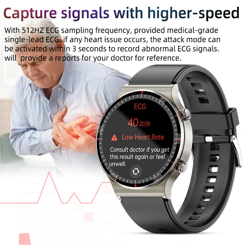 Medizinische EKG-Smartwatch | CFDA-zertifiziert | 512Hz High-Precision Biosensor | SpO2- & Herzfrequenz-Monitoring | KI-basierte Atemanalyse | IP67 Wasserdicht